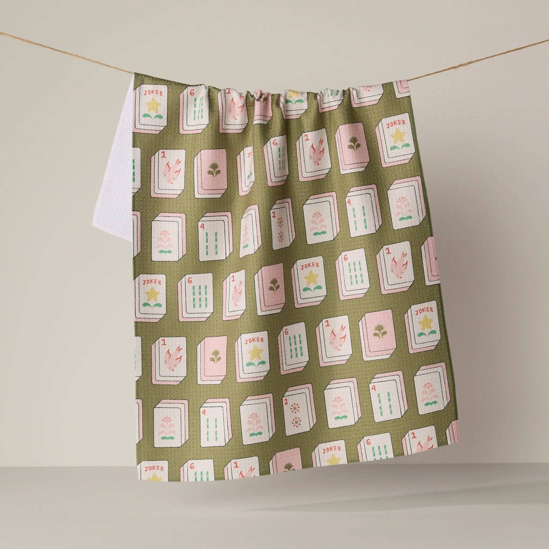 Geometry Flower Tiles Tea Towel in green with mahjong flower tiles