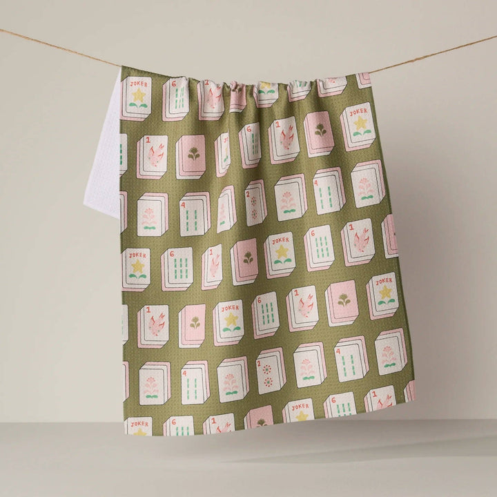 Geometry Flower Tiles Tea Towel in green with mahjong flower tiles