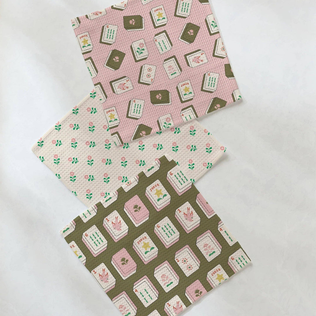 Geometry Flower Tiles Dishcloth Set, three dishcloths with mahjong flower tiles print