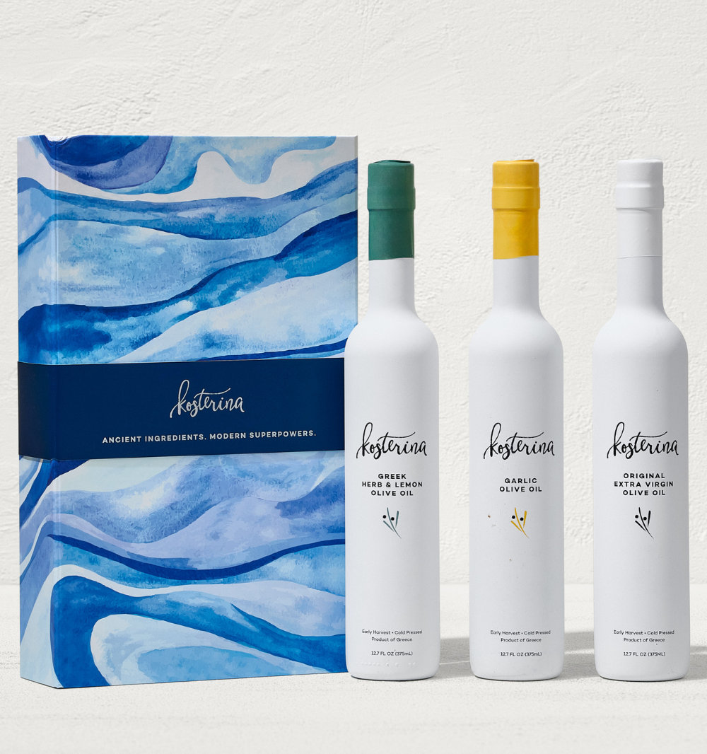 Kosterina Olive Oil Trio Gift Set: three white bottles in a blue and white gift box