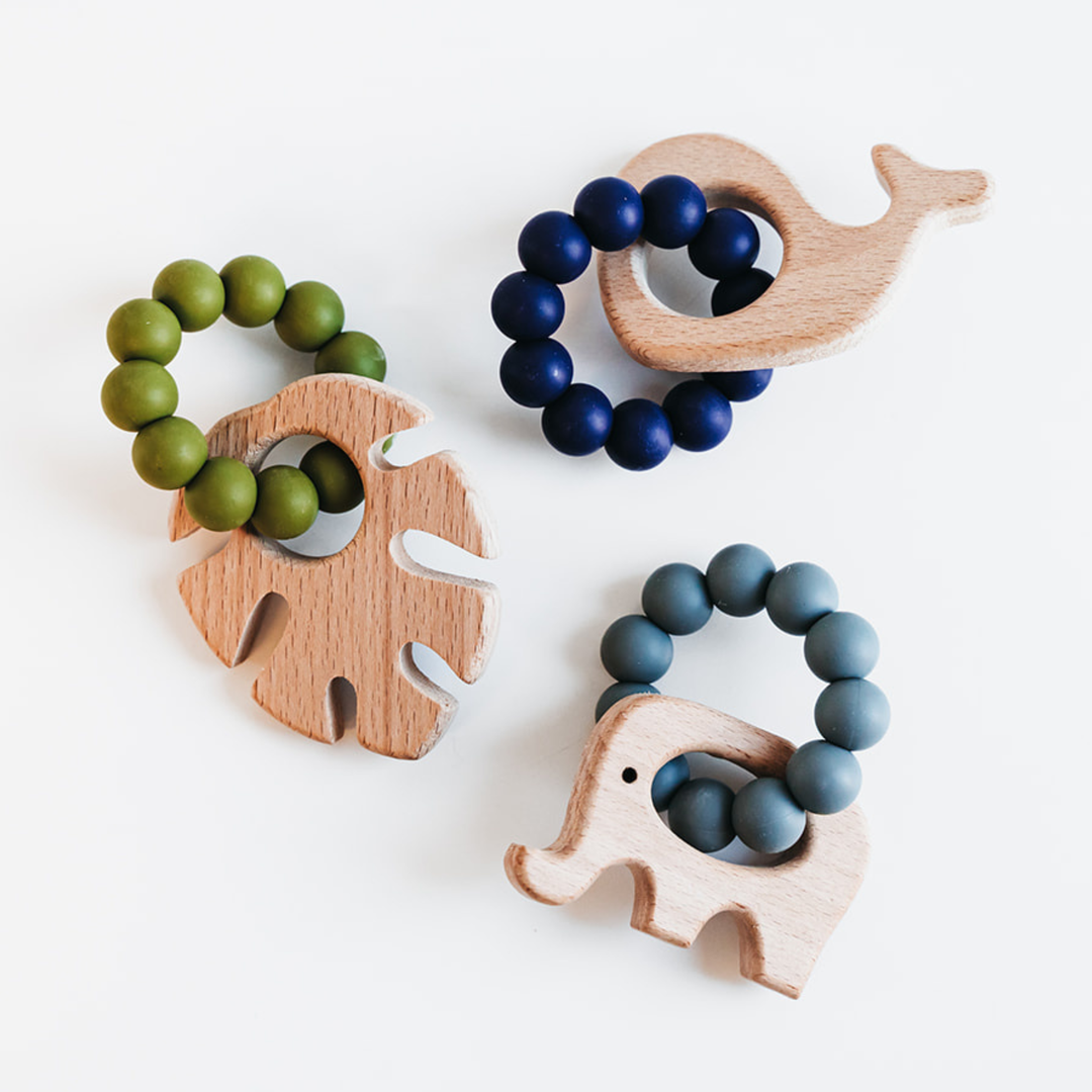 Navy Whale Silicone & Beechwood Baby Teether