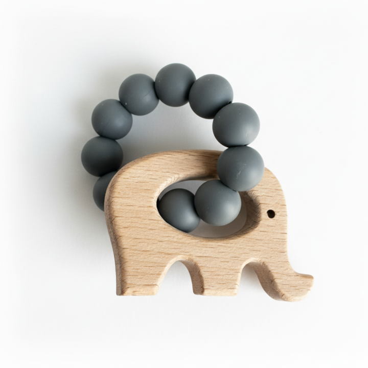 Gray Elephant Silicone & Beechwood Baby Teether