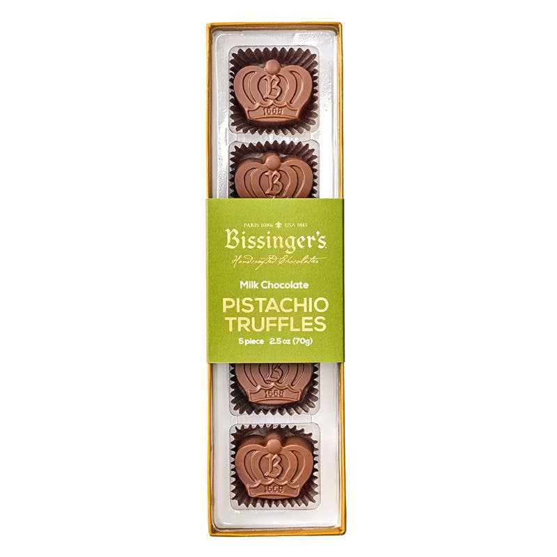 Bissinger's Milk Chocolate Pistachio Crown Truffles, five crown-shaped pieces in a gold box