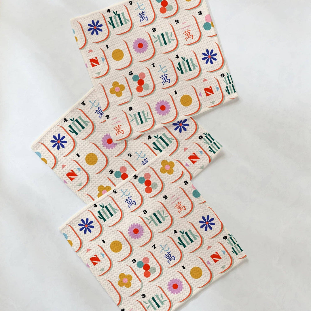Geometry Tile Toss Dishcloth Set, three dishcloths with tossed mahjong tiles print