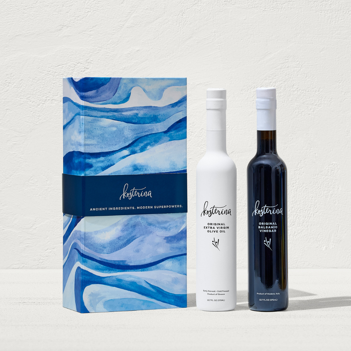 Kosterina Dipping Duo Gift Set: olive oil and balsamic vinegar bottles in a blue and white gift box