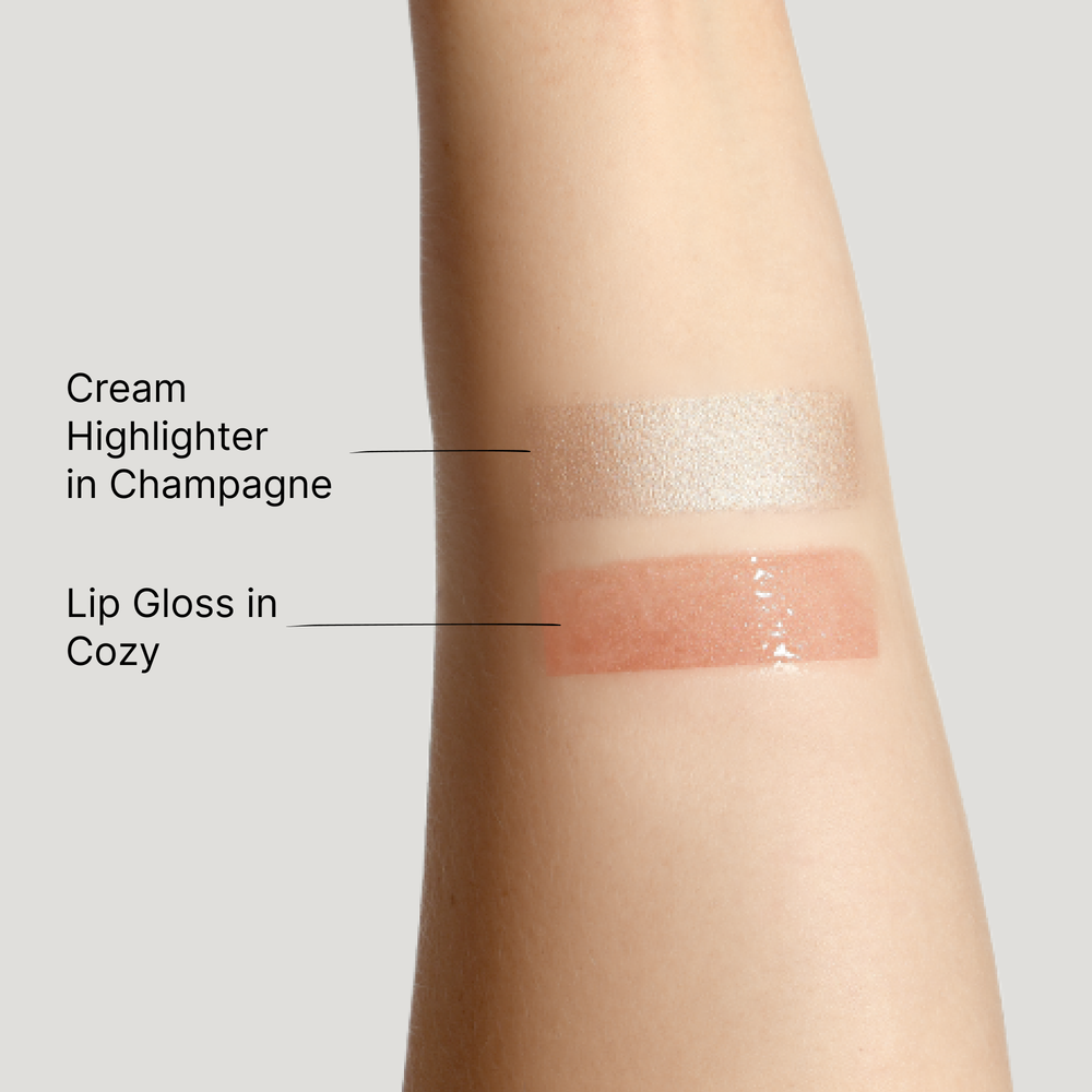 Minori Cozy lip gloss and Champagne highlighter, product view
