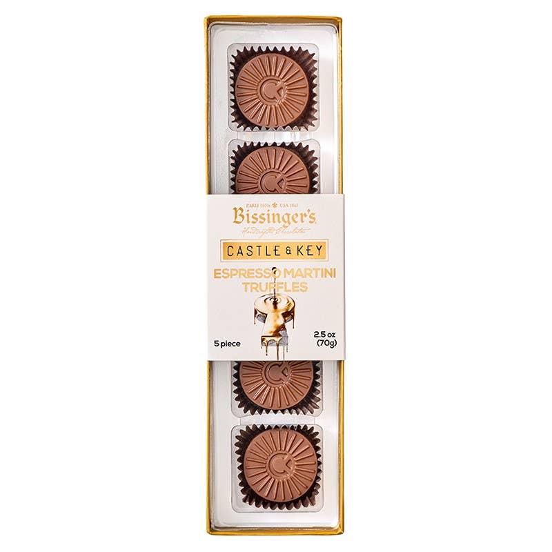 Bissinger's Castle & Key Espresso Martini milk chocolates, five bottle-top shaped pieces in a gold box