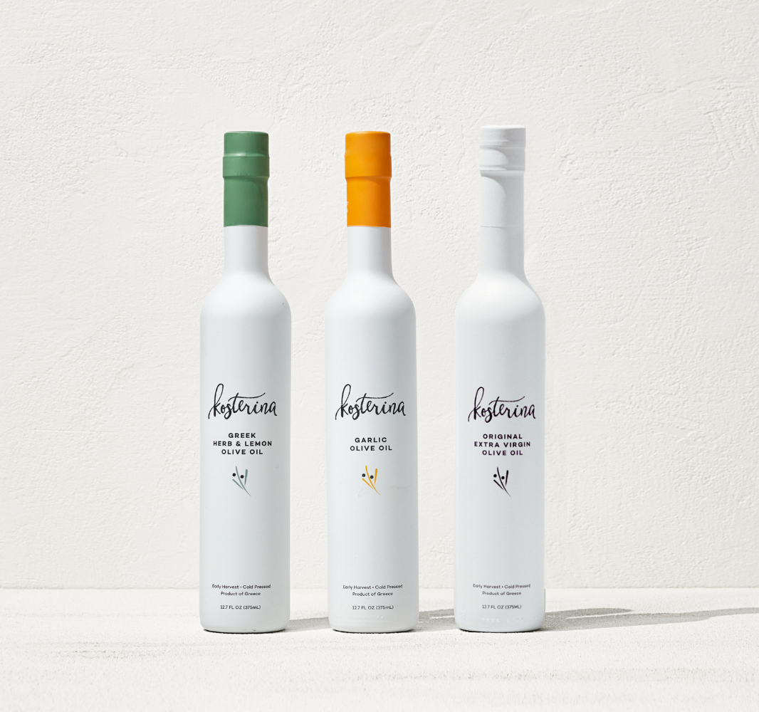 Kosterina olive oil bottles, close view of the labels