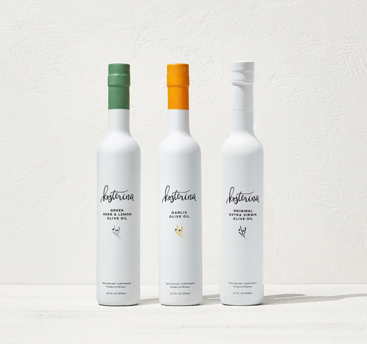 Kosterina olive oil bottles, close view of the labels