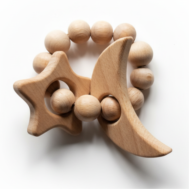 Wood Star & Moon Teething Ring