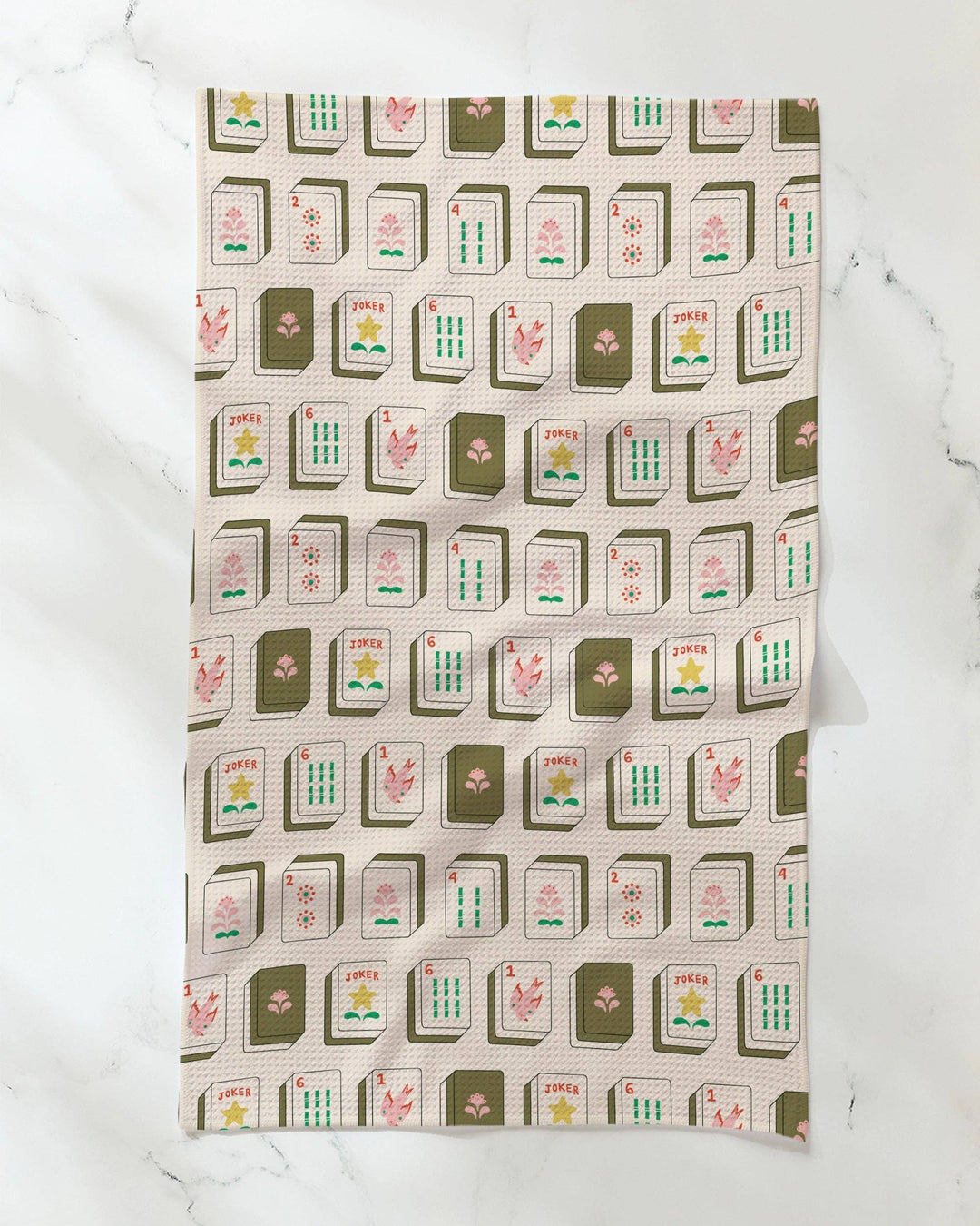 Flower Tiles tea towel hanging in a kitchen