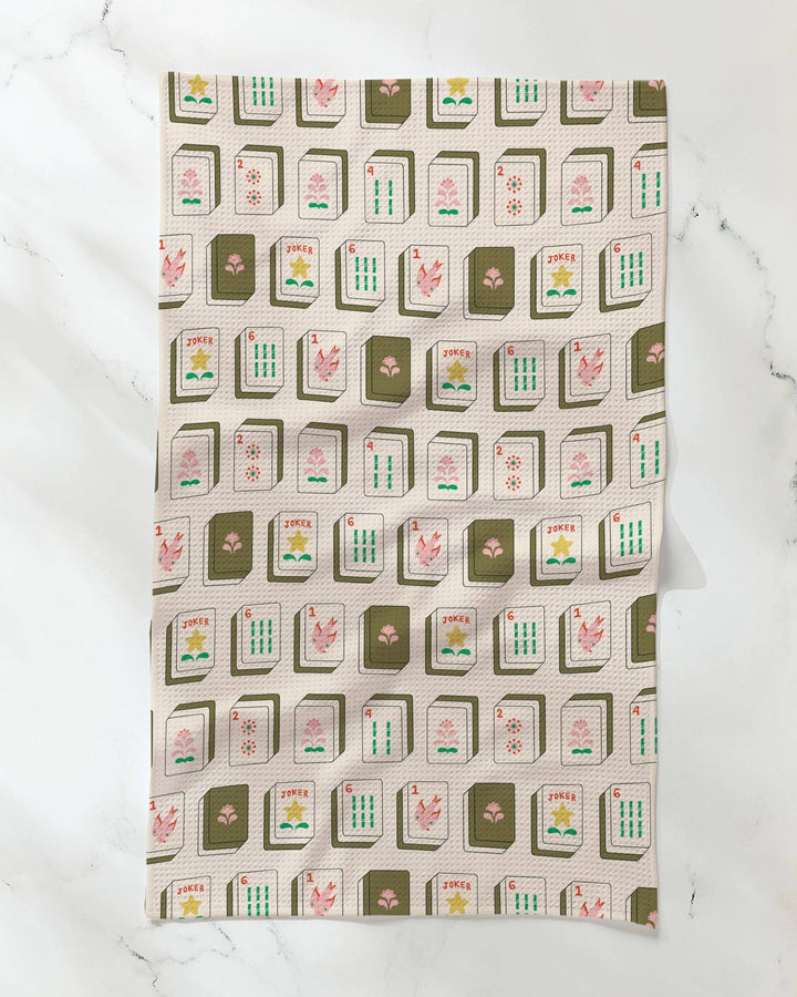 Flower Tiles tea towel hanging in a kitchen