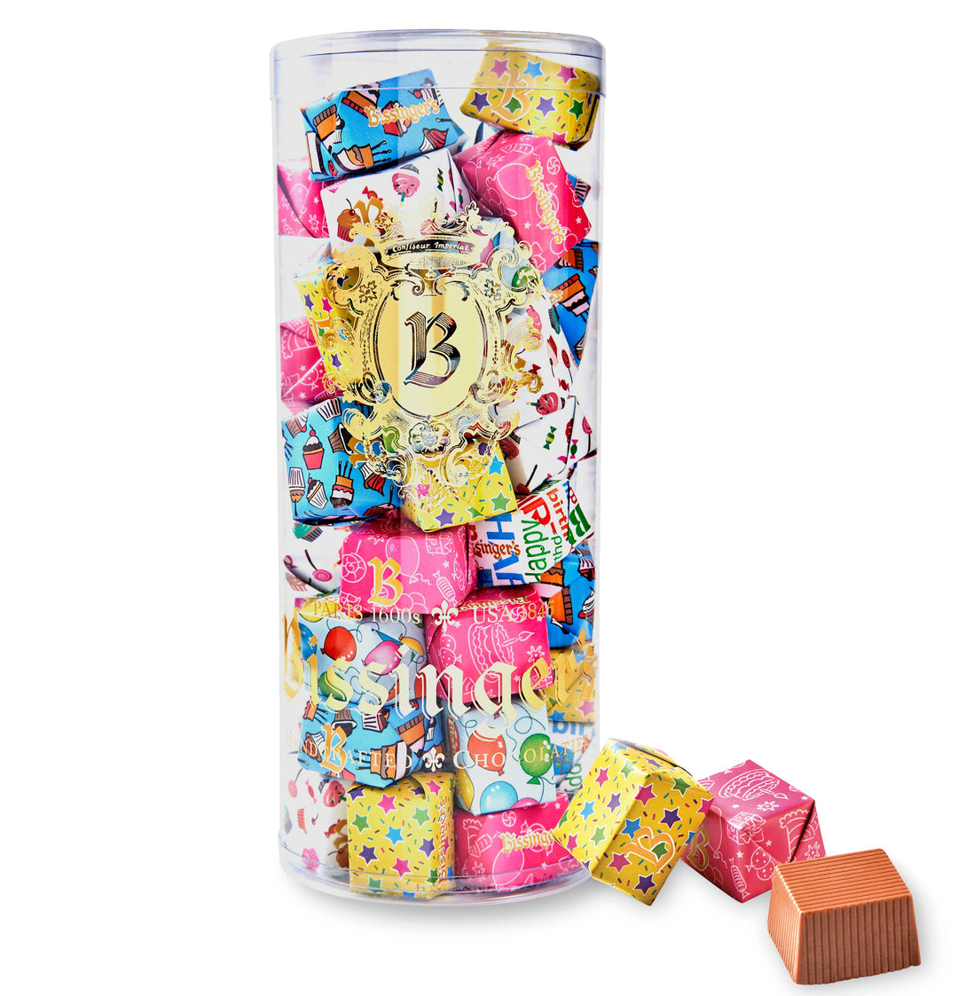 Bissinger's Milk Chocolate Birthday Presents Tube, foil-wrapped chocolates in a clear tube