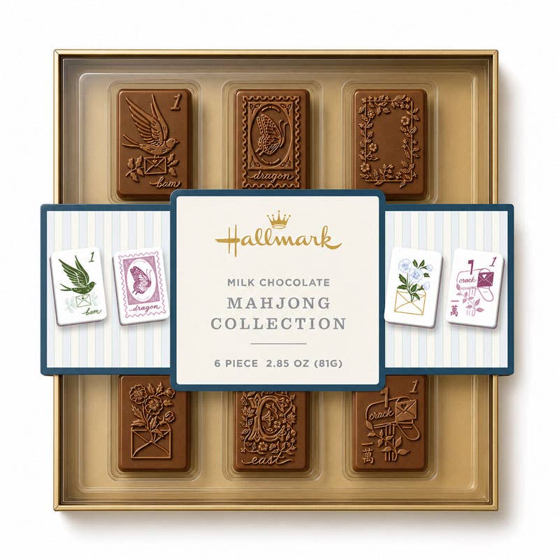 Bissinger's Milk Chocolate Mahjong Collection, six molded chocolate tiles in a gold box with a printed sleeve