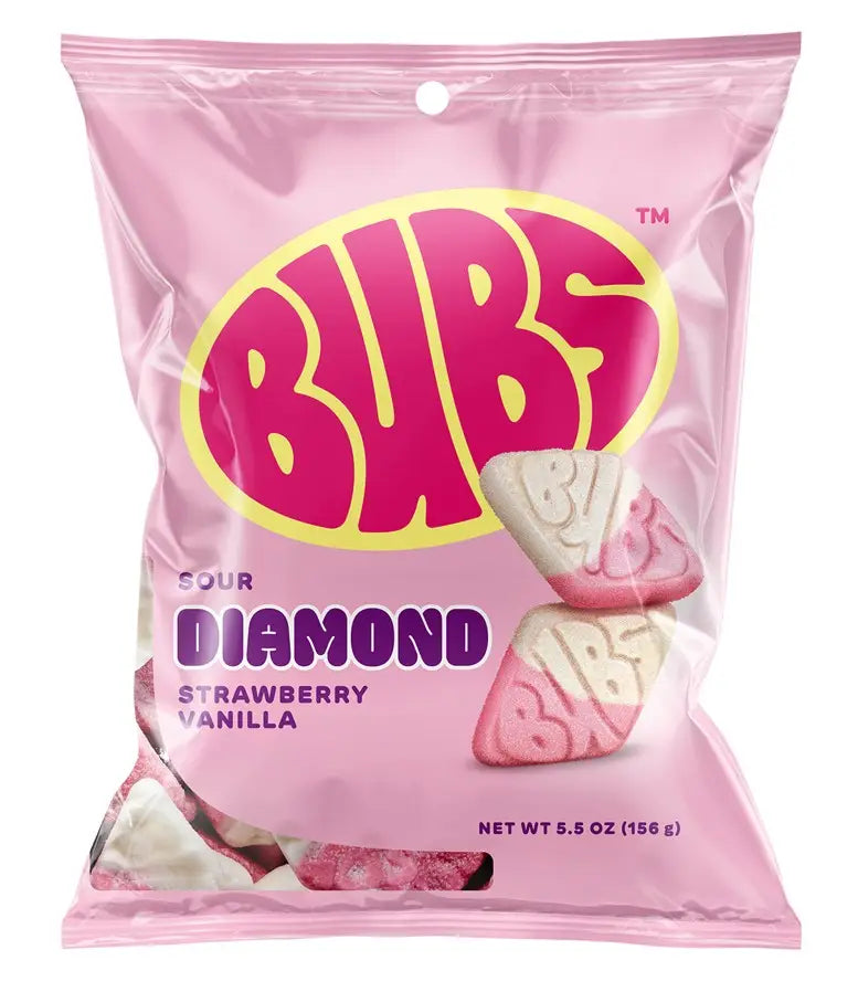Pink Bubs Sour Diamond Strawberry Vanilla bag, 5.5 oz, showing two sugar-coated pink and white diamond pieces embossed with the BUBS name