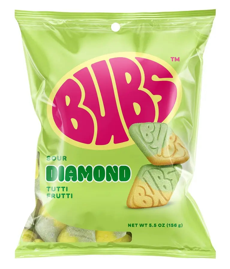 Green Bubs Sour Diamond Tutti Frutti bag, 5.5 oz, showing two sugar-coated green and yellow diamond pieces embossed with the BUBS name