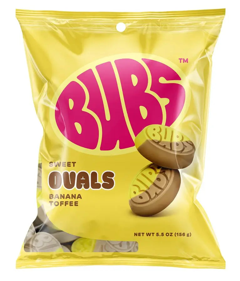 Yellow Bubs Sweet Ovals Banana Toffee bag, 5.5 oz, showing two smooth yellow and brown oval pieces embossed with the BUBS name