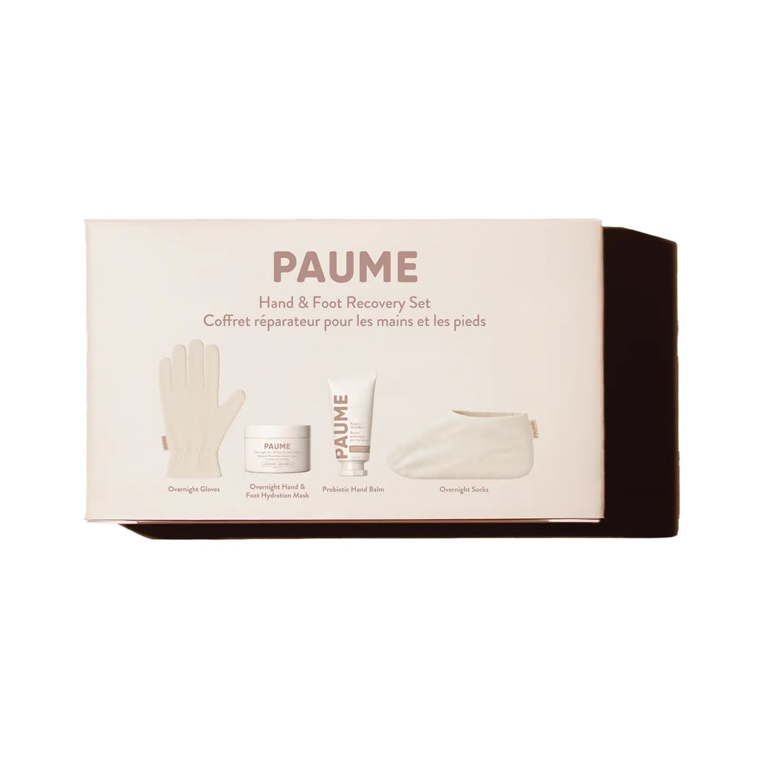 The cream PAUME Hand &amp; Foot Recovery Set box photographed on a white background, showing the four items named on the lid
