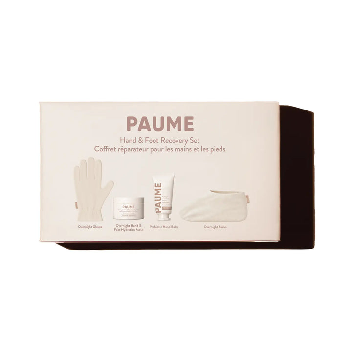 The cream PAUME Hand &amp; Foot Recovery Set box photographed on a white background, showing the four items named on the lid