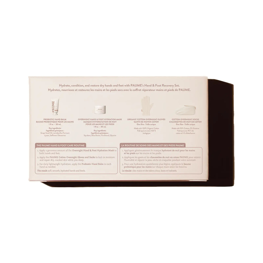 Back panel of the PAUME Hand &amp; Foot Recovery Set box listing the probiotic hand balm, overnight hydration mask, organic cotton gloves, and cotton socks alongside the three-step care routine