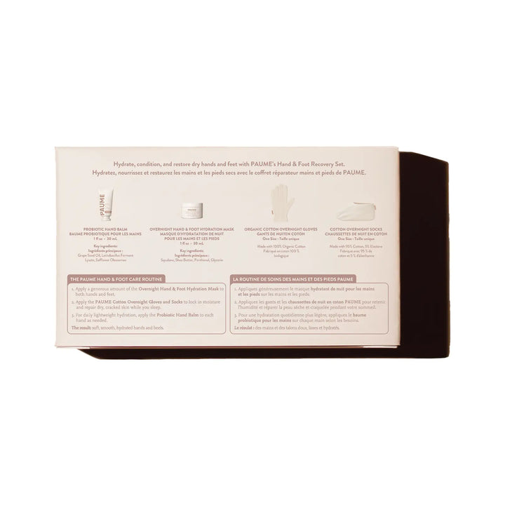 Back panel of the PAUME Hand &amp; Foot Recovery Set box listing the probiotic hand balm, overnight hydration mask, organic cotton gloves, and cotton socks alongside the three-step care routine