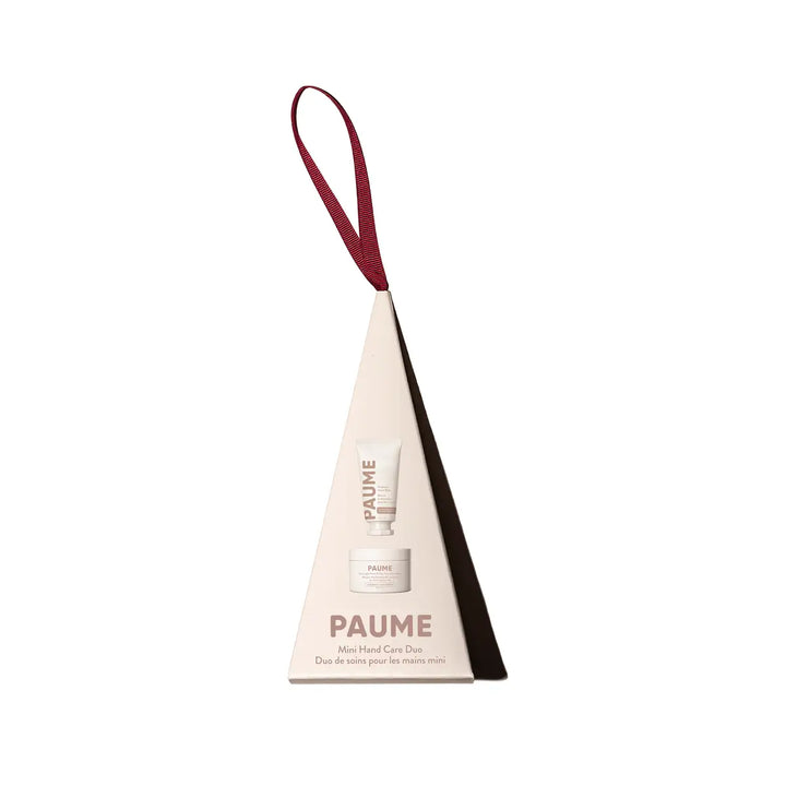 The same cream tree-shaped PAUME ornament box with burgundy ribbon, photographed on a white background.