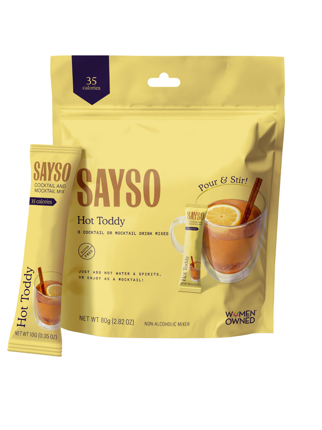 Pale yellow SAYSO Hot Toddy pouch with a single stick pack leaning against it, labeled 8 cocktail or mocktail drink mixes, 35 calories, net weight 80 g.