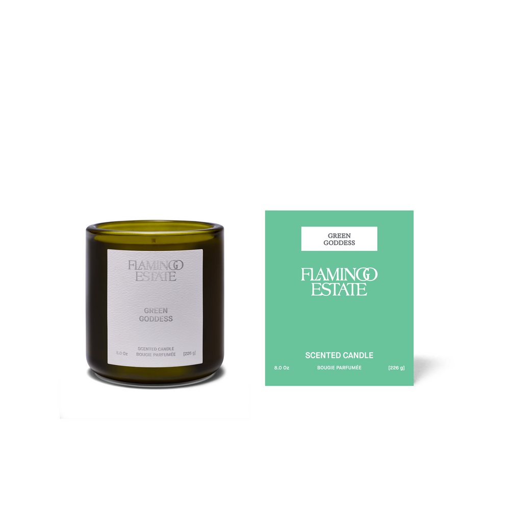 Green Goddess candle beside its mint-green Flamingo Estate box, both front-facing