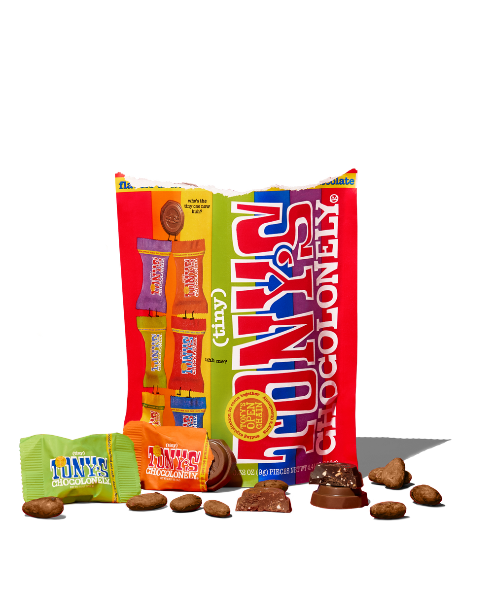 Tiny Tony's Chocolonely pouch with individually wrapped pieces and unwrapped chocolate chunks spilling out in front