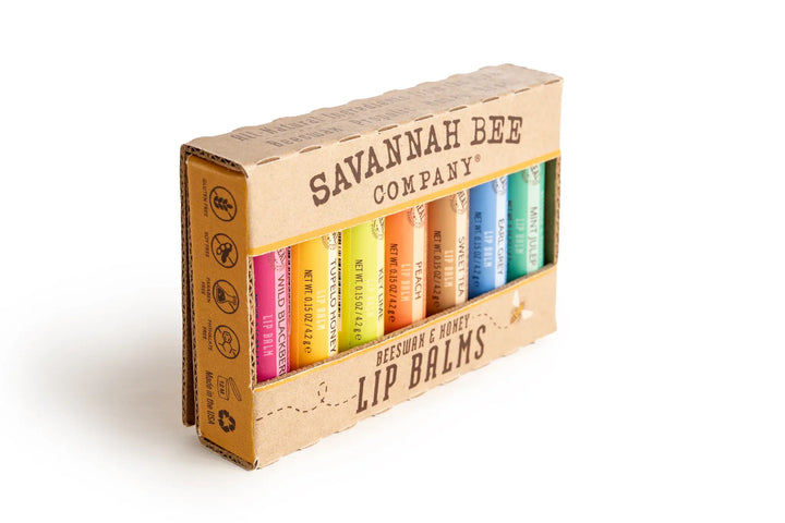 Angled view of the lip balm box showing the balms through the window and icons on the side panel