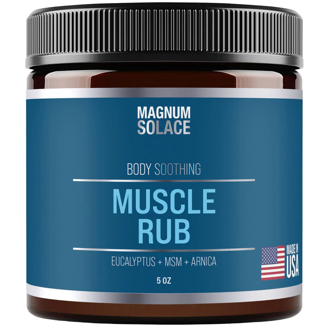 Magnum Solace Body Soothing Muscle Rub in a 5 oz amber jar with a black lid and blue label
