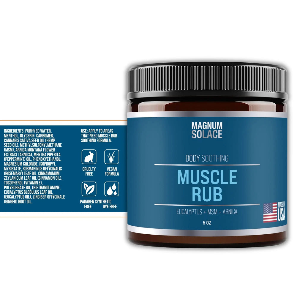 5 oz Magnum Solace muscle rub jar beside its unrolled label, showing the ingredient list and directions