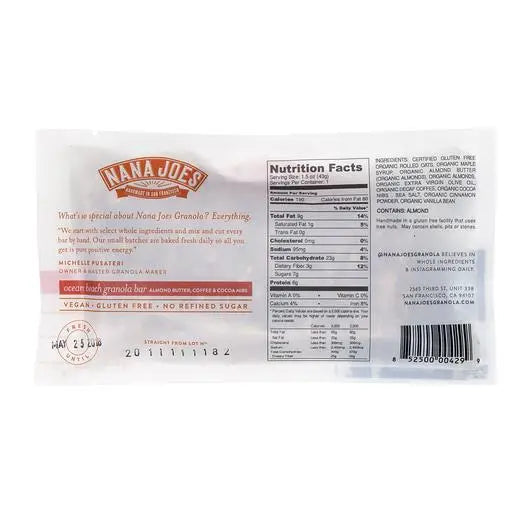 Back of the Ocean Beach granola bar wrapper with nutrition facts, ingredients and allergen information