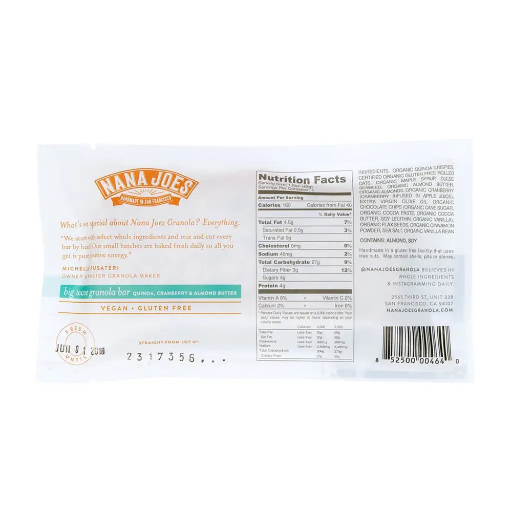 Back of the Big Wave granola bar wrapper with nutrition facts, ingredients and allergen information