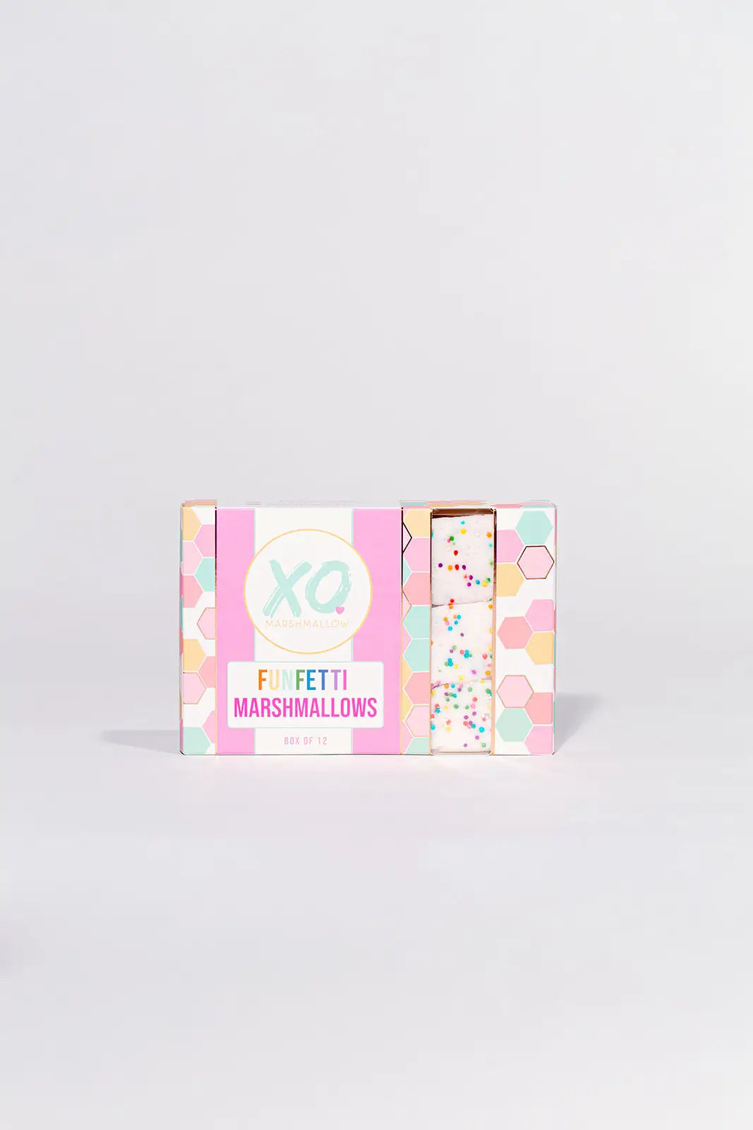 XO Funfetti Marshmallows box standing on a plain white background