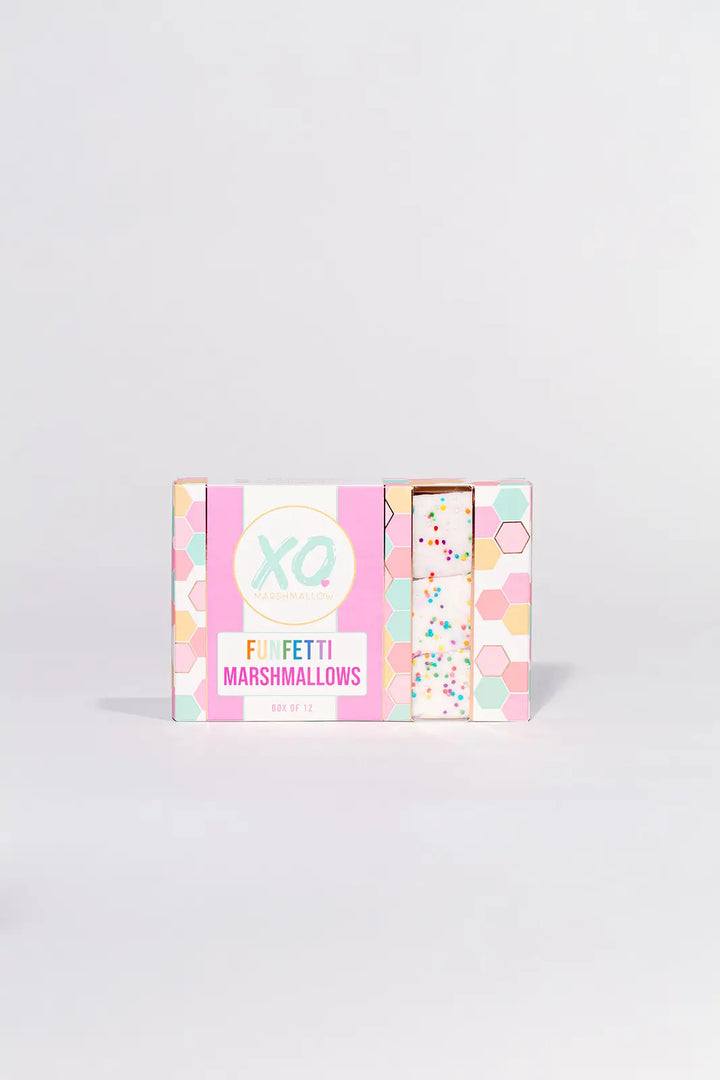 XO Funfetti Marshmallows box standing on a plain white background