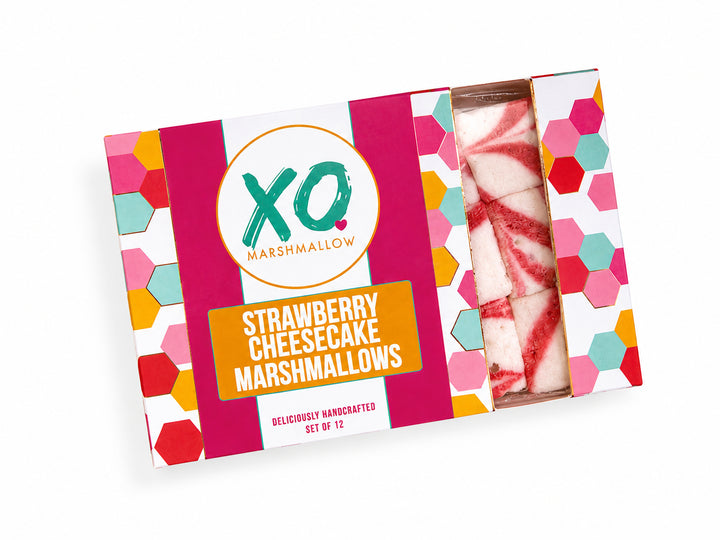 XO Strawberry Cheesecake Marshmallows box of 12 with a window showing pink and white swirled marshmallows
