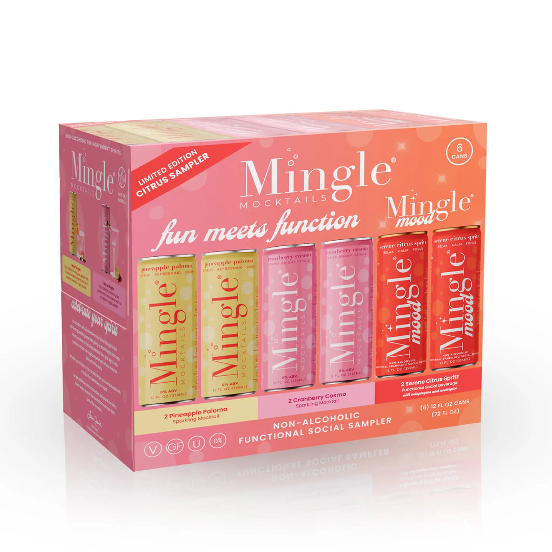 Mingle Mocktails Citrus Sampler carton showing six cans: two Pineapple Paloma, two Cranberry Cosmo and two Serene Citrus Spritz
