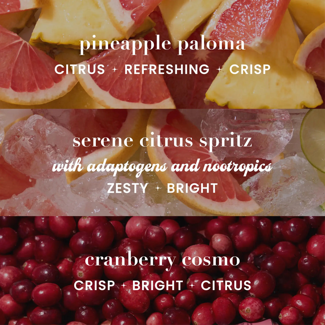 Flavor panels for Pineapple Paloma, Serene Citrus Spritz and Cranberry Cosmo over grapefruit, pineapple and cranberries