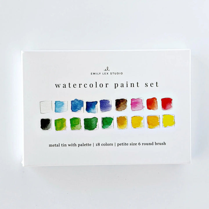 Front of the watercolor paint set box printed with painted color swatches