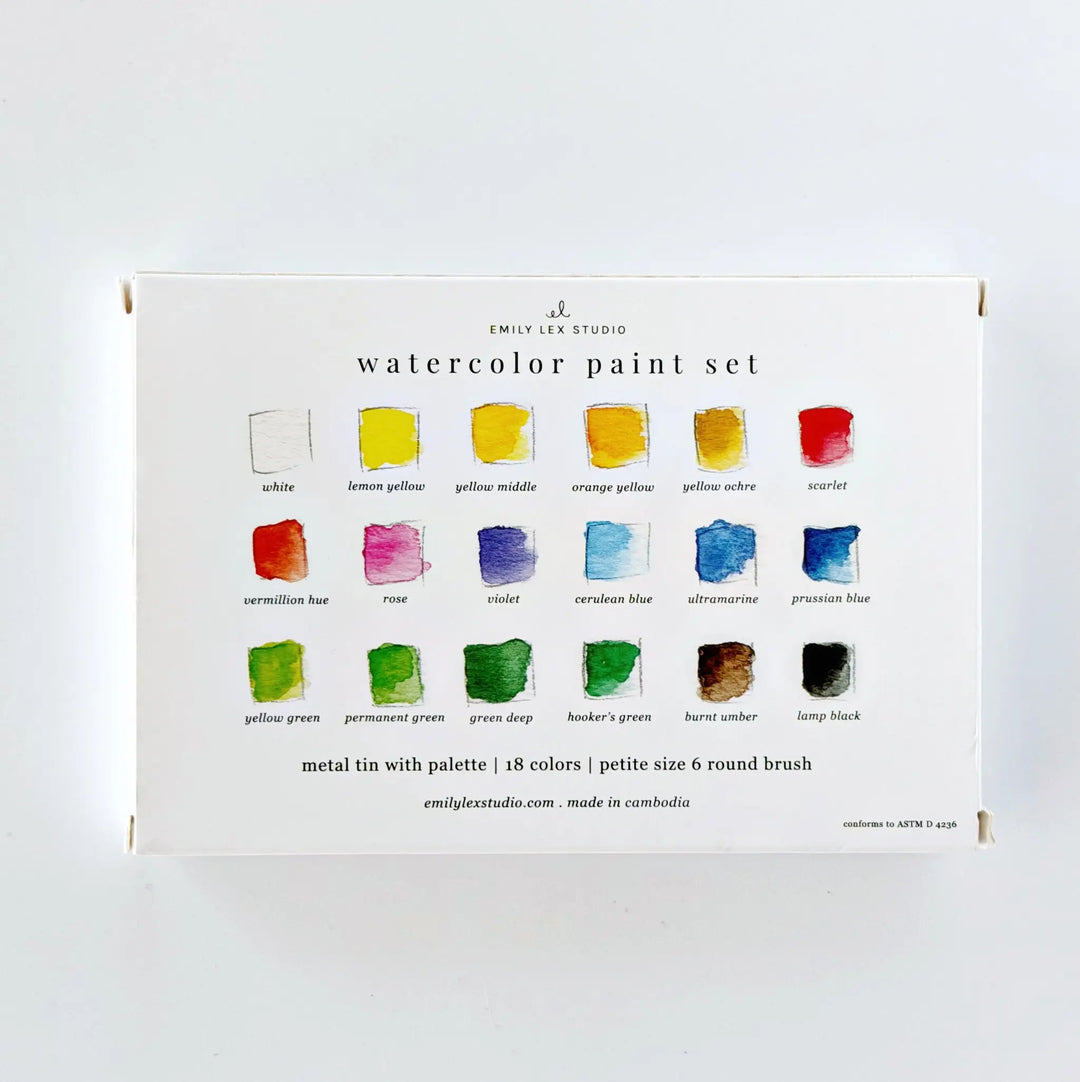 Back of the watercolor paint set box with the labeled 18-color swatch chart