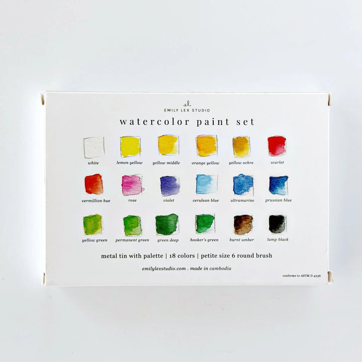 Back of the watercolor paint set box with the labeled 18-color swatch chart