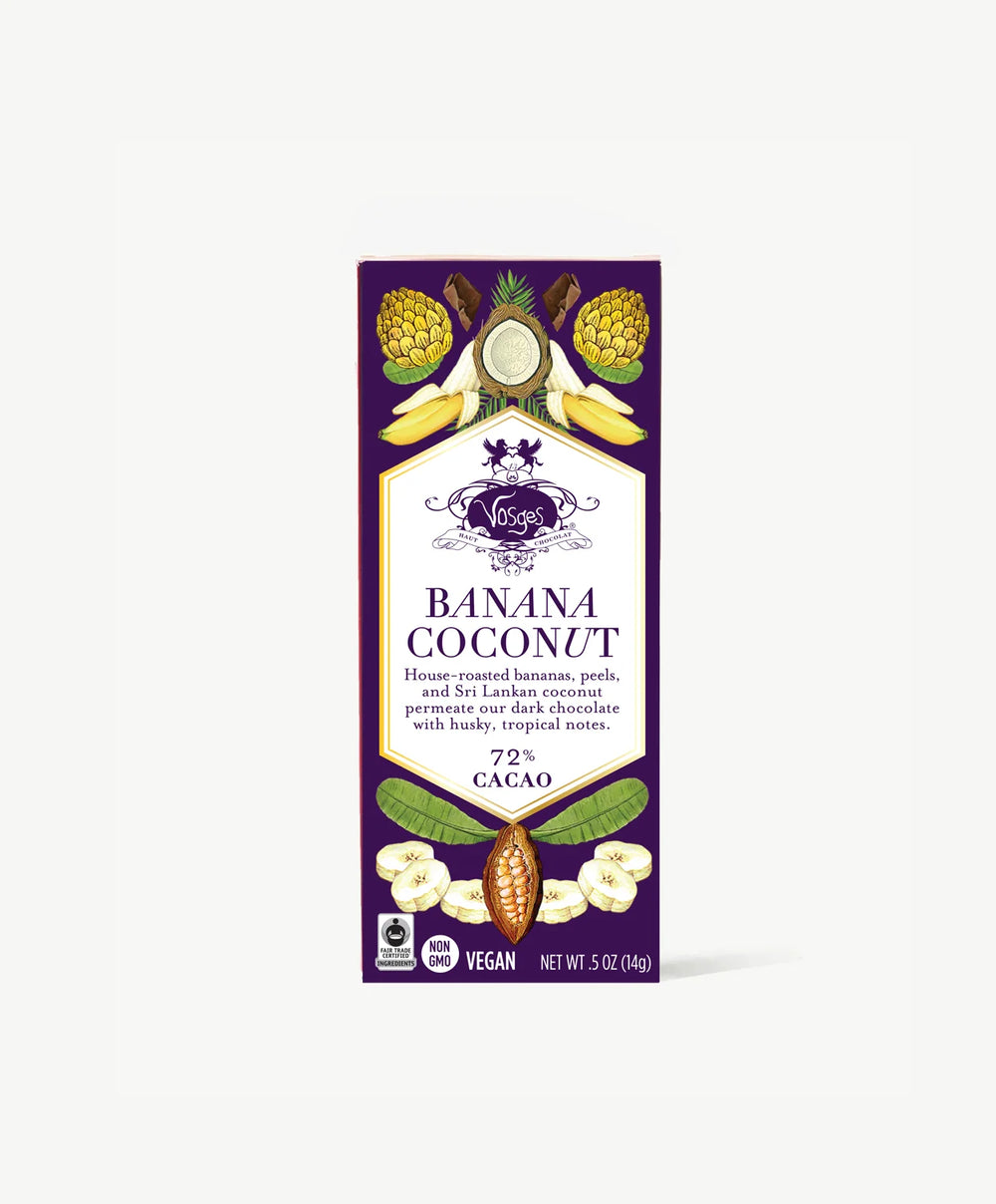 Banana Coconut mini chocolate bar in a purple wrapper with banana and coconut illustrations