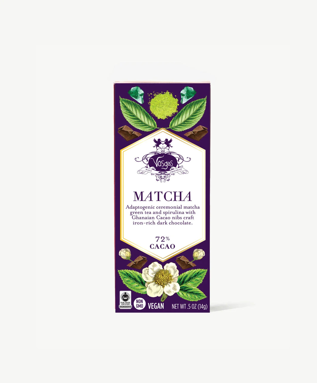 Matcha mini chocolate bar in a purple wrapper with green tea leaf illustrations