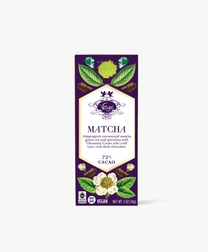 Matcha mini chocolate bar in a purple wrapper with green tea leaf illustrations