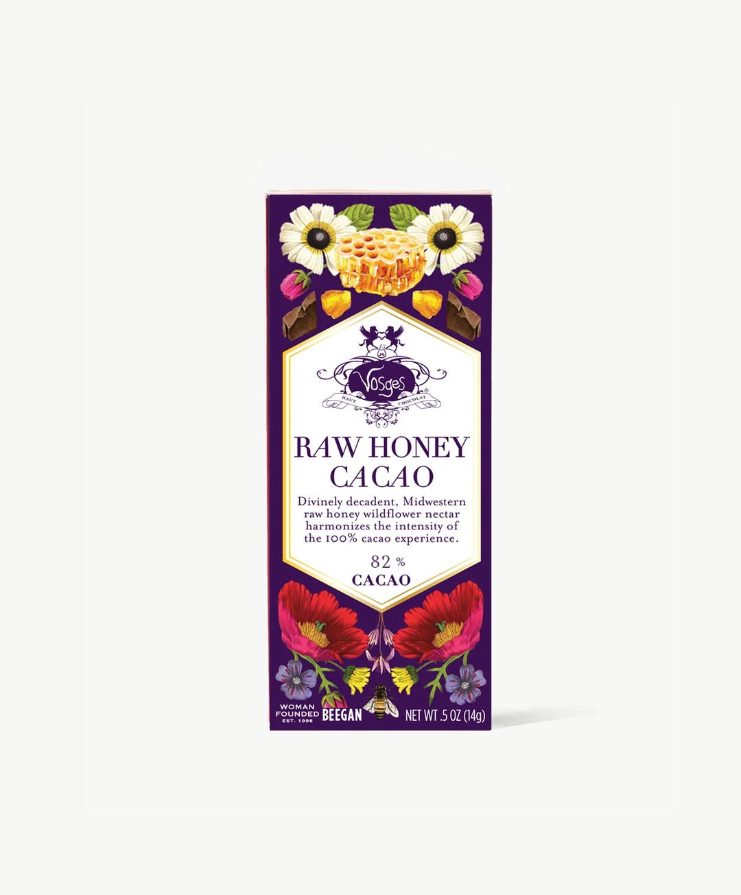Raw Honey Cacao mini chocolate bar in a purple wrapper with honeycomb and flower illustrations