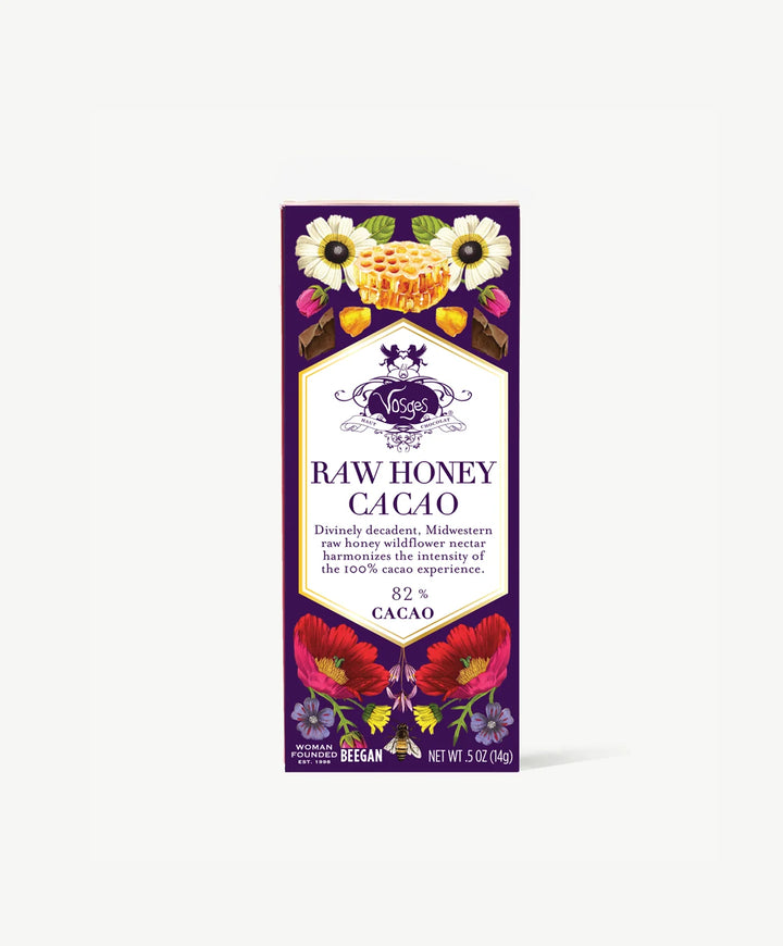 Raw Honey Cacao mini chocolate bar in a purple wrapper with honeycomb and flower illustrations