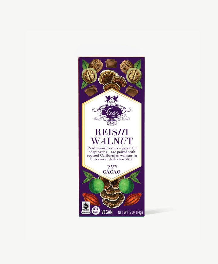 Reishi Walnut mini chocolate bar in a purple wrapper with walnut and mushroom illustrations