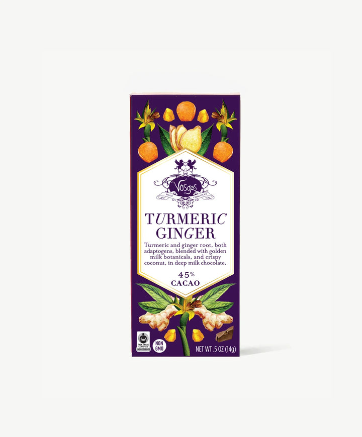 Turmeric Ginger mini chocolate bar in a purple wrapper with turmeric and ginger root illustrations