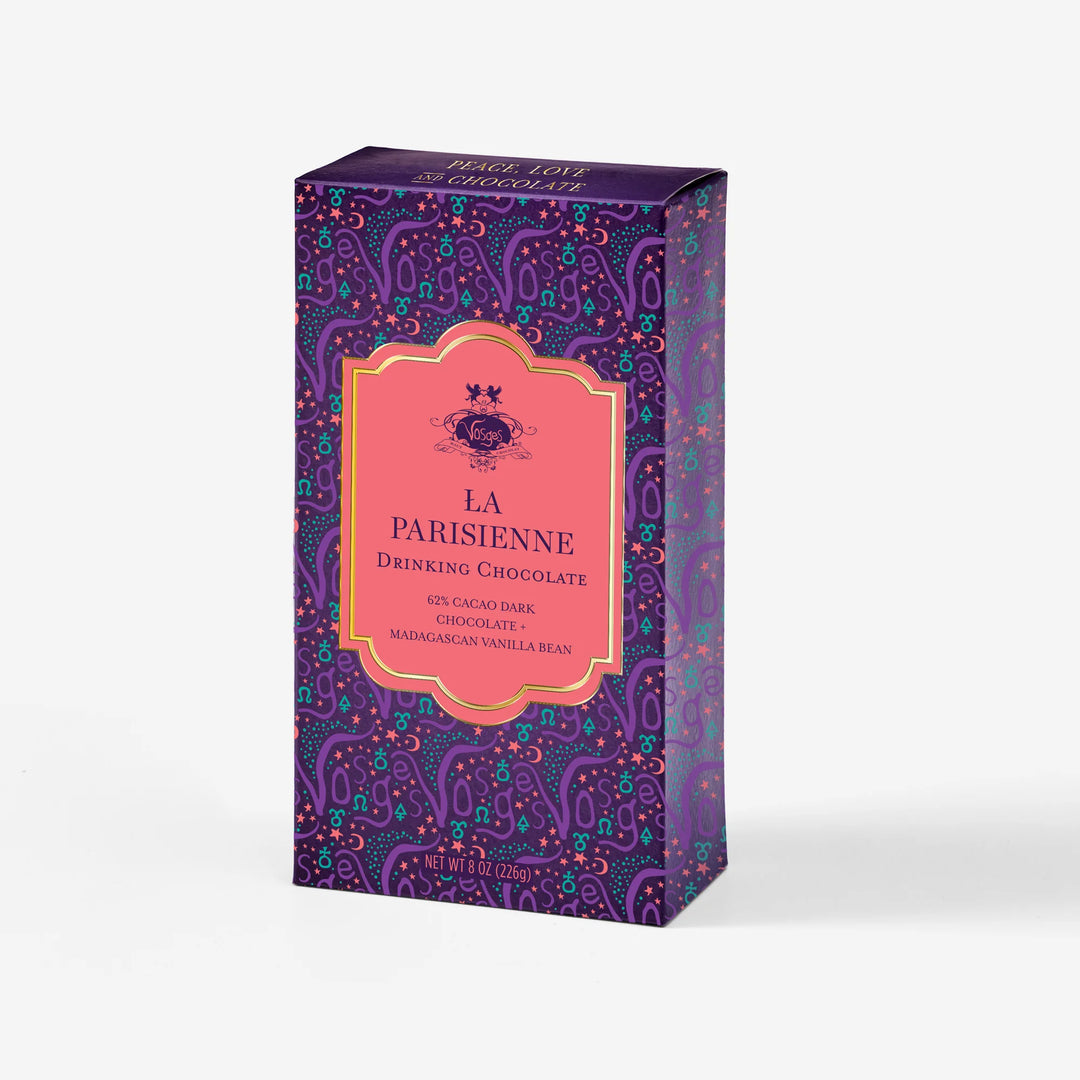 Front of the purple and coral La Parisienne drinking chocolate carton, 8 oz